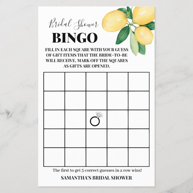 Flyer Lemons Bridal Shower Bingo Game Card (Frente)