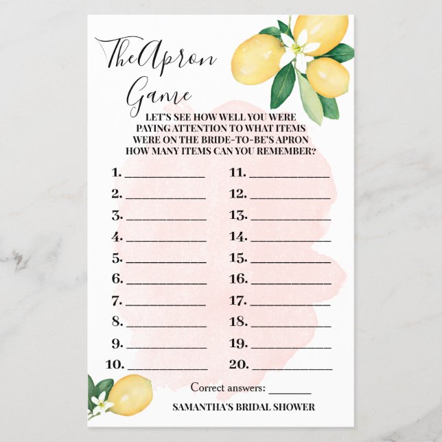 Flyer Lemons La Tarjeta De Juego Apron Pink Bridal Showe (Frente)