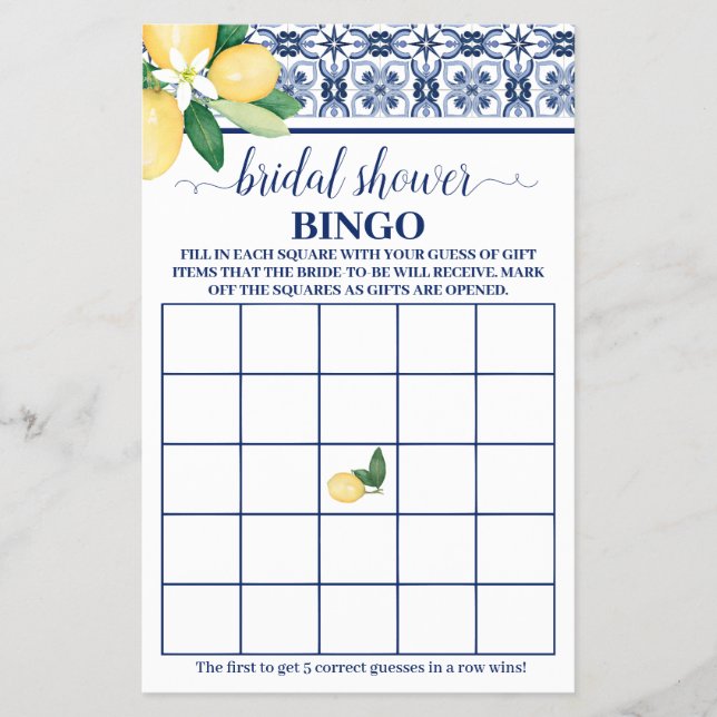 Flyer Lemons Mediterranean Bridal Shower Bingo Game Card (Frente)