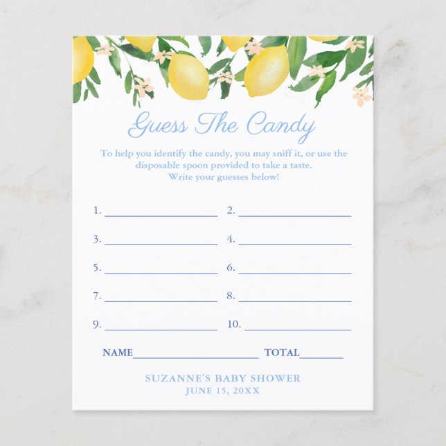 Flyer Lemons Pale Blue Guess The Candy Baby Shower Game (Frente)