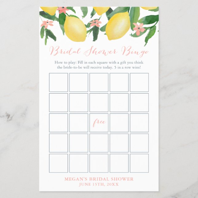 Flyer Lemons Pink Bridal Shower Bingo Tarjeta de juego (Frente)