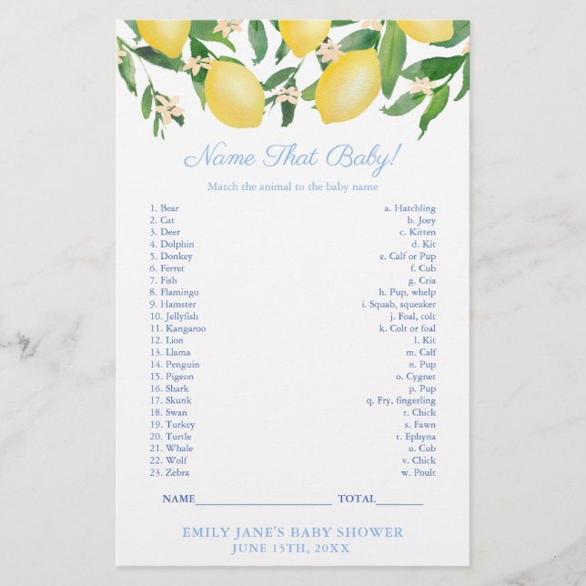 Flyer Lemons Shower Nombra esa tarjeta de juego para ani (Frente)