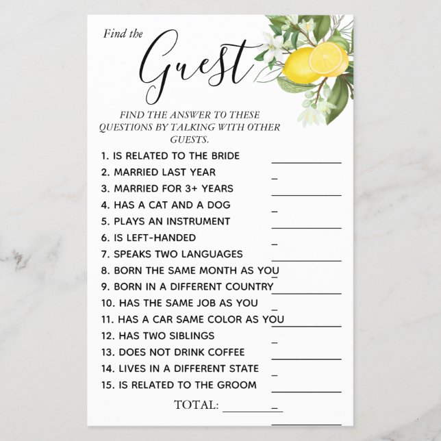 Flyer Lemony Find la tarjeta de juego Guest Bridal para  (Frente)