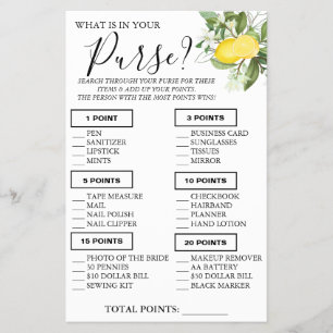 Flyer Lemony Qué hay en tu bolso Ducha tarjeta de juego