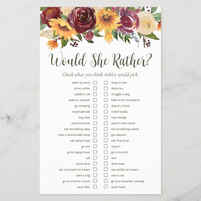 Flyer LGBTQ Sunflowers Floral Bridal Shower Games (Frente)