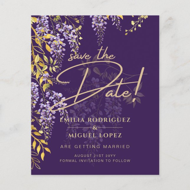 Flyer Lilac Wisteria Matrimonio Púrpura Salvar La Fecha (Frente)