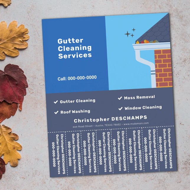 Flyer Limpiador de alcantarillas azul desgarrador de tir (Gutter Cleaning Blue Tear Off Strips Flyer)
