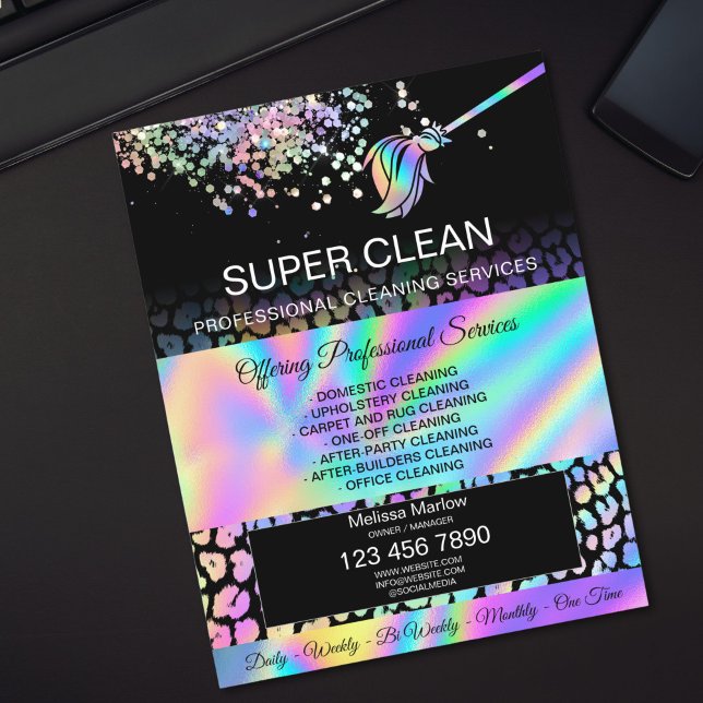 Flyer Limpieza de la casa de limpieza moderna Ama de lla (holographic cleaning services leopard texture business cards)