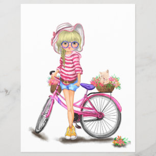 Flyer Linda chica rubia con bicicleta rosa y gato entre