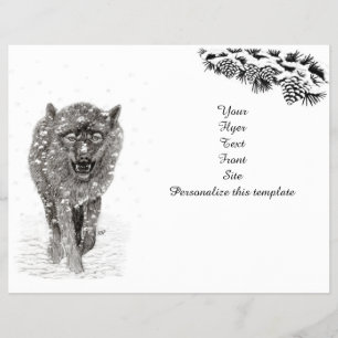 Flyer Lobo negro enojado en la nieve, invierno salvaje