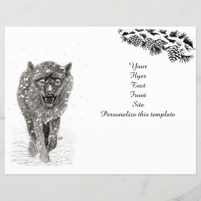 Flyer Lobo negro enojado en la nieve, invierno salvaje (Frente)