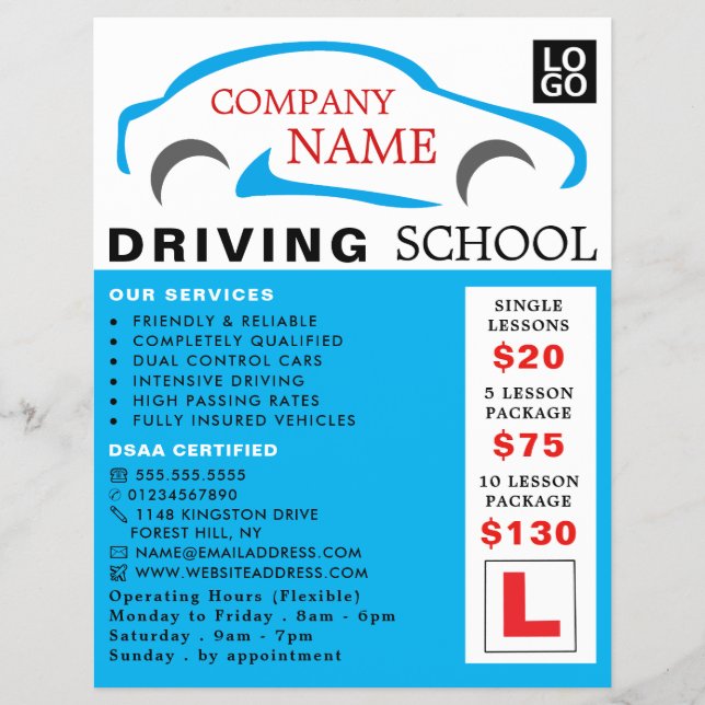 Flyer Logo de Blue Car, Escuela de Conducción, Anuncio d (Frente)
