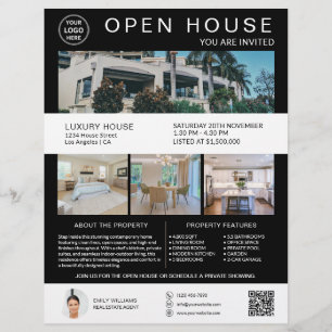 Flyer Logo de Casa Abierta de Bienes Raíces Foto QR Negr