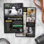 Flyer Logo de fotografía profesional de la Casa de la Mo<br><div class="desc">Volante de marketing negro para un fotógrafo profesional personalizado con sus fotos, logotipos, información de contacto, texto personalizado y código QR. Añade tu trabajo a este folleto de promoción para un negocio de fotografía profesional con amarillo brillante y verde menta como colores de acento. Añade tus especialidades y ofertas y...</div>
