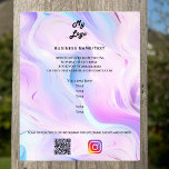 Flyer Logo de negocios de fotografía holográfica rosa en<br><div class="desc">Personalice y agregue su logotipo comercial,  nombre,  dirección,  texto,  su propio código QR a su cuenta de Instagram. fondo Rubor rosa,  morado,  azul,  holográfico. Atrás: agrega una foto y cuenta la historia de tu marca.</div>
