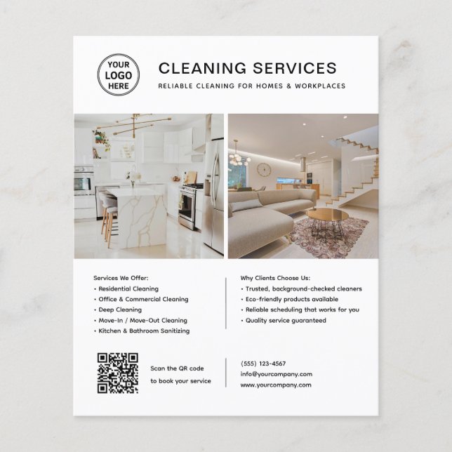 Flyer Logo de Servicios de Limpieza Código QR Foto Blanc (Frente)