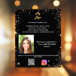 Flyer Logo del negocio de instagram de código qr de foto<br><div class="desc">Personalice y agregue su logotipo comercial,  nombre,  dirección,  texto,  foto,  su propio código QR a su cuenta de Instagram. Fondo negro,  texto blanco. Decorado con finos destellos de purpurina dorado.</div>