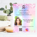 Flyer Logo del negocio foto holográfica foto de código q<br><div class="desc">Personalice y agregue su logotipo comercial,  nombre,  dirección,  texto,  foto,  su propio código QR a su cuenta de Instagram. Rubor rosa,  violeta,  oro rosa,  verde menta,  fondo holográfico decorado con finos destellos purpurinas.</div>