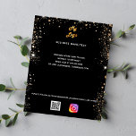 Flyer logotipo comercial código qr instagram oro negro<br><div class="desc">Un fondo negro decorado con un polvo falso purpurina dorado. Personalice y agregue su logotipo comercial,  nombre,  dirección,  texto,  su propio código QR a su cuenta de Instagram. AE</div>