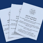 Flyer Logotipo comercial | Personalizado simple azul cla<br><div class="desc">Una sencilla plantilla personalizado de volante de negocios azul claro en un sencillo estilo minimalista que puede modificarse y actualizarse fácilmente con su propio logotipo de negocio,  detalles del producto,  precios y más! Elija el tamaño del volante y el tipo de papel en el menú de opciones.</div>