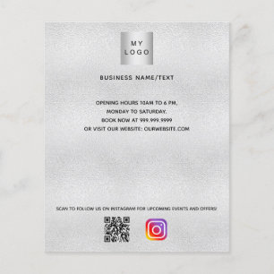Flyer logotipo comercial plateado código qr instagram te