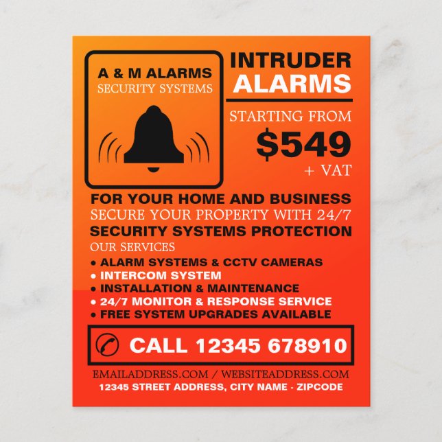 Flyer Logotipo de alarma negro y Naranja, servicio de al (Frente)