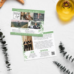 Flyer Logotipo de Collage de fotos Calm Greenery QR Prom<br><div class="desc">Volante de marketing verde con tu logo, cuatro fotos y tu texto personalizado por un lado, y otra foto, código QR y más texto personalizado por el otro lado con verde como un color de acento con brotes verdes en suaves tonos de verde. Volante de marketing para un entrenador de...</div>