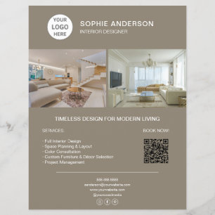 Flyer Logotipo de diseñador de interiores Foto QR Beige 