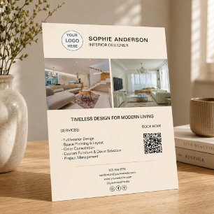 Flyer Logotipo de diseñador de interiores Foto QR Crema 