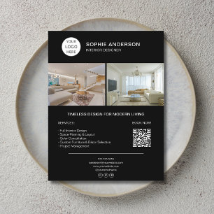 Flyer Logotipo de diseñador de interiores Foto QR Negro