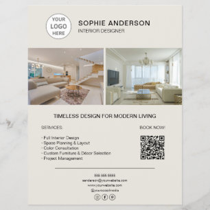 Flyer Logotipo de diseñador de interiores Foto QR Neutra
