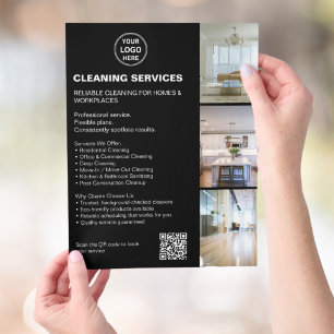 Flyer Logotipo de foto de servicios de limpieza negra mo
