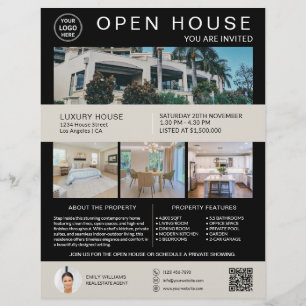 Flyer Logotipo de foto QR de casa abierta de bienes raíc