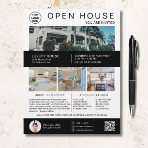 Flyer Logotipo de foto QR de casa abierta de bienes raíc