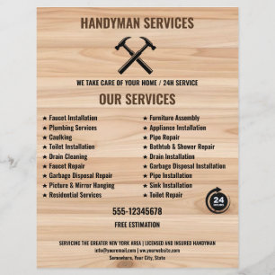 Flyer Logotipo de martillo de madera rústica de contrati