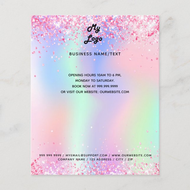 Flyer Logotipo de negocio holográfico purpurina rosa (Frente)