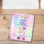 Flyer Logotipo de panadería de pastelería código holográ<br><div class="desc">Personalice y agregue su logotipo comercial,  nombre,  dirección,  texto,  su propio código QR a su cuenta de Instagram. Rubor rosa,  violeta,  oro rosa,  verde menta,  fondo holográfico decorado con falsos polvo purpurinas y quequitos.  
Atrás: agrega tu texto,  foto,  código qr a tu cuenta de Instagram.</div>