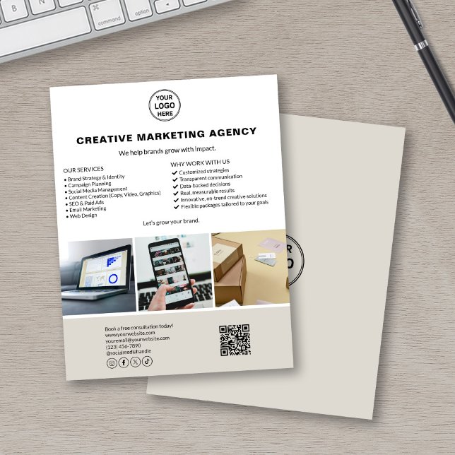 Flyer Logotipo de personalizado Foto Comercial QR Blanco (Fully customizable marketing flyer for agencies and creatives)