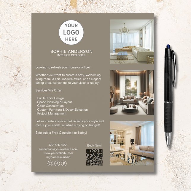 Flyer Logotipo de Personalizado moderno Taupe Profesiona (Modern Custom Logo Taupe Professional Business Flyer)