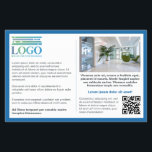 Flyer Logotipo de texto gris de borde azul e información<br><div class="desc">Folleto informativo de marketing para su pequeña empresa con mucho espacio para el texto de su personalizado por un lado, junto con su logotipo, código QR y una foto. Por otro lado, una foto más grande, dirección del sitio web y un eslogan o texto más corto. Un borde azul enmarcando...</div>