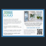Flyer Logotipo de texto gris de borde azul e información<br><div class="desc">Folleto informativo de marketing para su pequeña empresa con mucho espacio para el texto de su personalizado por un lado, junto con su logotipo, código QR y una foto. Por otro lado, una foto más grande, dirección del sitio web y un eslogan o texto más corto. Un borde azul enmarcando...</div>