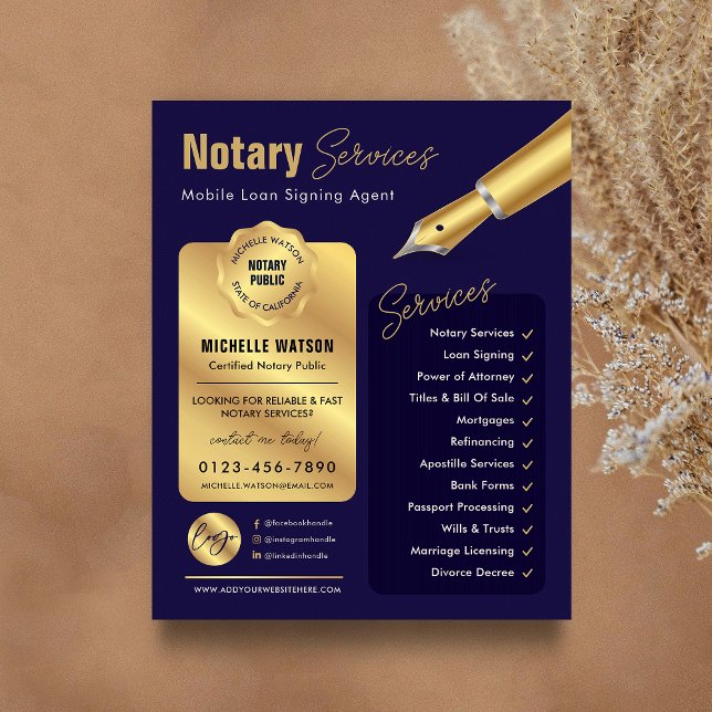 Flyer Logotipo del agente de firma de préstamos notarial (Modern navy blue and gold notary public marketing flyer with your custom photo and logo)