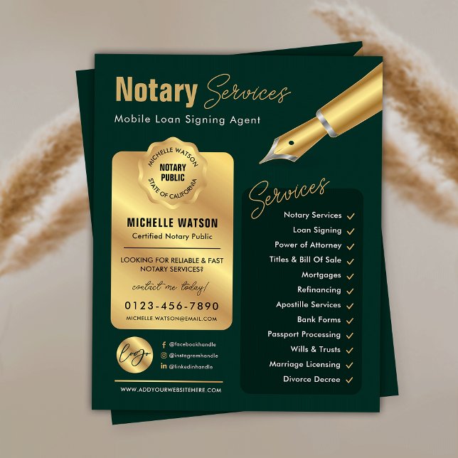 Flyer Logotipo del agente de firma de préstamos notarial (Modern green and gold notary loan signing agent marketing flyer with your custom photo and logo)