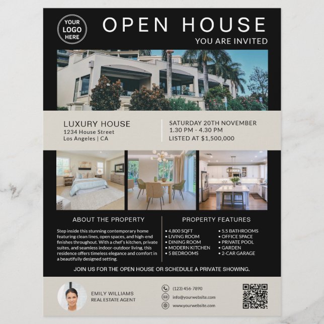 Flyer Logotipo del Real Estate Open House Foto QR Black (Frente)