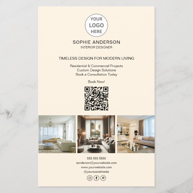Flyer Logotipo moderno Foto QR Cream Profesional Busines (Frente)