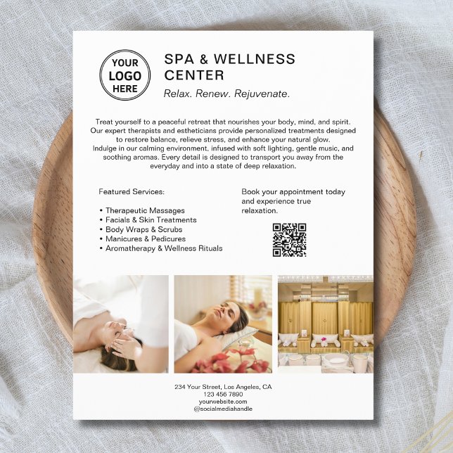 Flyer Logotipo personalizado Código QR Código Spa Centro (Custom Logo QR Code Spa Wellness Center Business Flyer)