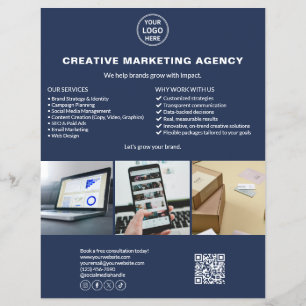 Flyer Logotipo Personalizado Foto QR Azul Marino Marketi