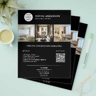 Flyer Logotipo Personalizado Foto QR Negro Profesional E