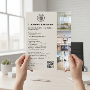 Flyer Logotipo QR de Servicios de Limpieza Neutrales Mod