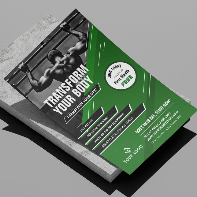 Flyer Logotipo verde moderno Material de ejercicios Foto (Modern bodybuilding gym flyer design in green and black with fully editable text and your logo)